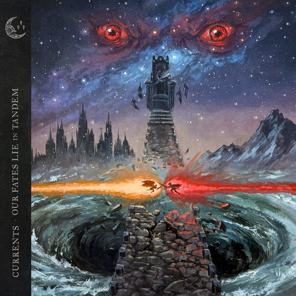 Pochette de l’album « Our Fates Lie in Tandem » de Currents, représentant deux créatures rouges au-dessus d’un gouffre entre deux faisceaux lumineux