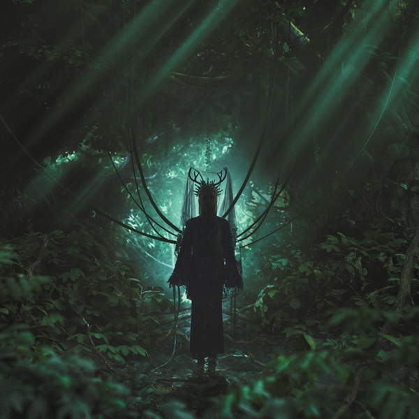 Silhouette en robe sombre et couronne ornée, marchant dans une forêt baignée de lumière verte