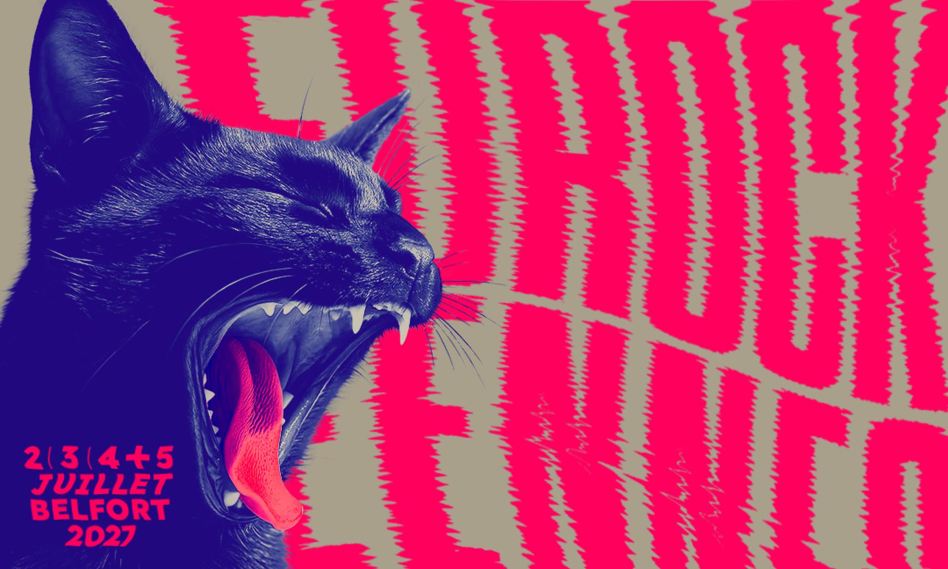 Visuel de l’édition 2027 des Eurockéennes de Belfort, avec un chat qui miaule sur fond rose