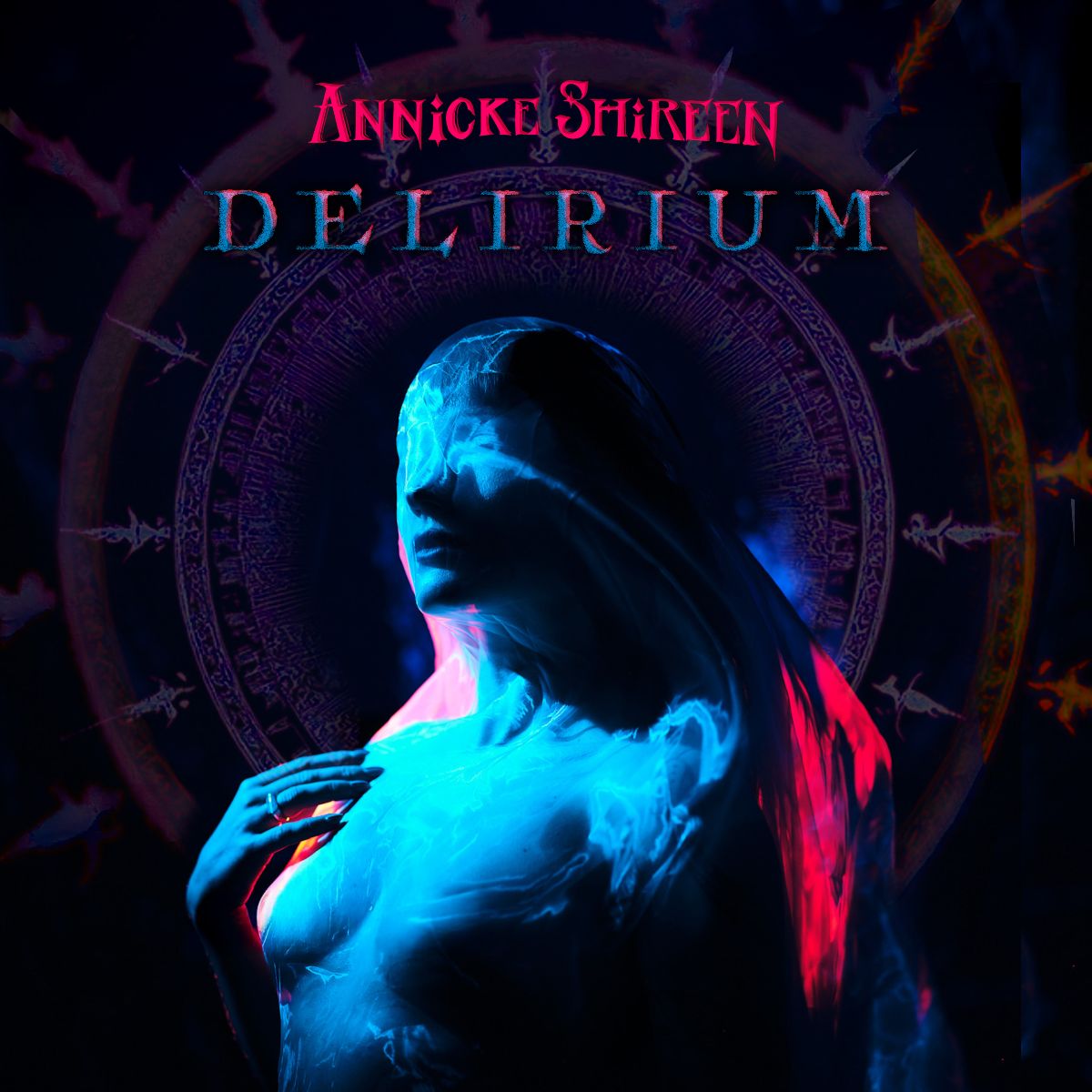 Pochette de l'album DELIRIUM d'Annicke Shireen, sur fond bleu et rose néon