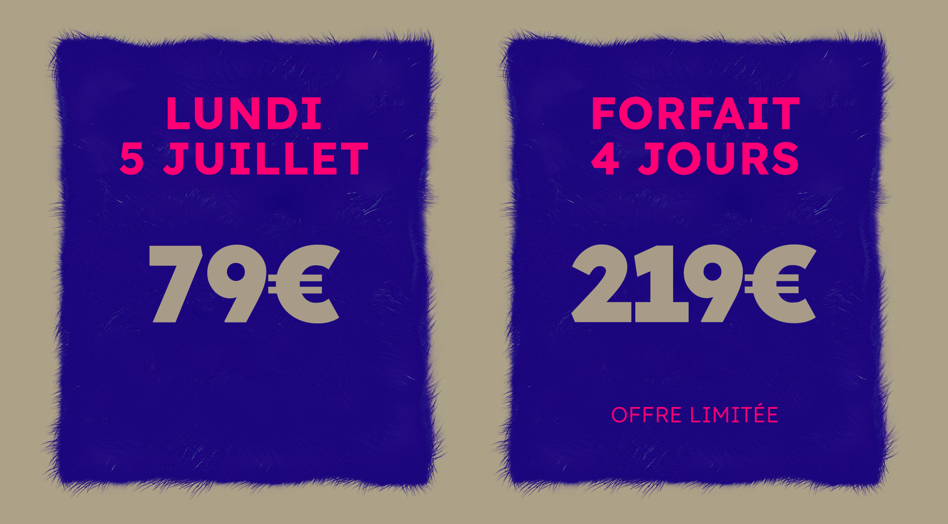 Visuel des tarifs : lundi 5 juillet à 79 euros et forfait 4 jours à 219 euros