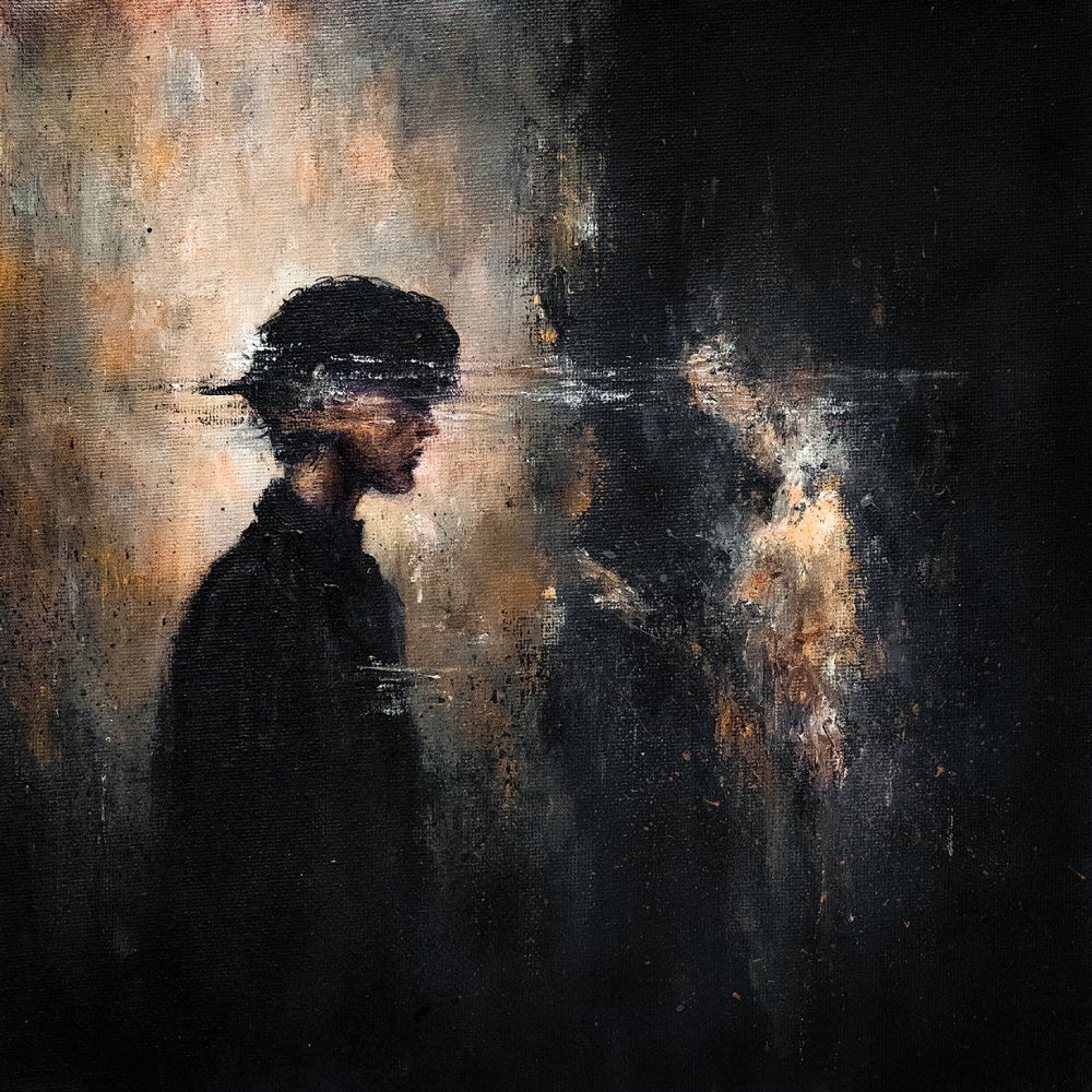 Peinture sombre d'un profil d'homme sur fond de textures orangées, visuel de l'album de Revnoir