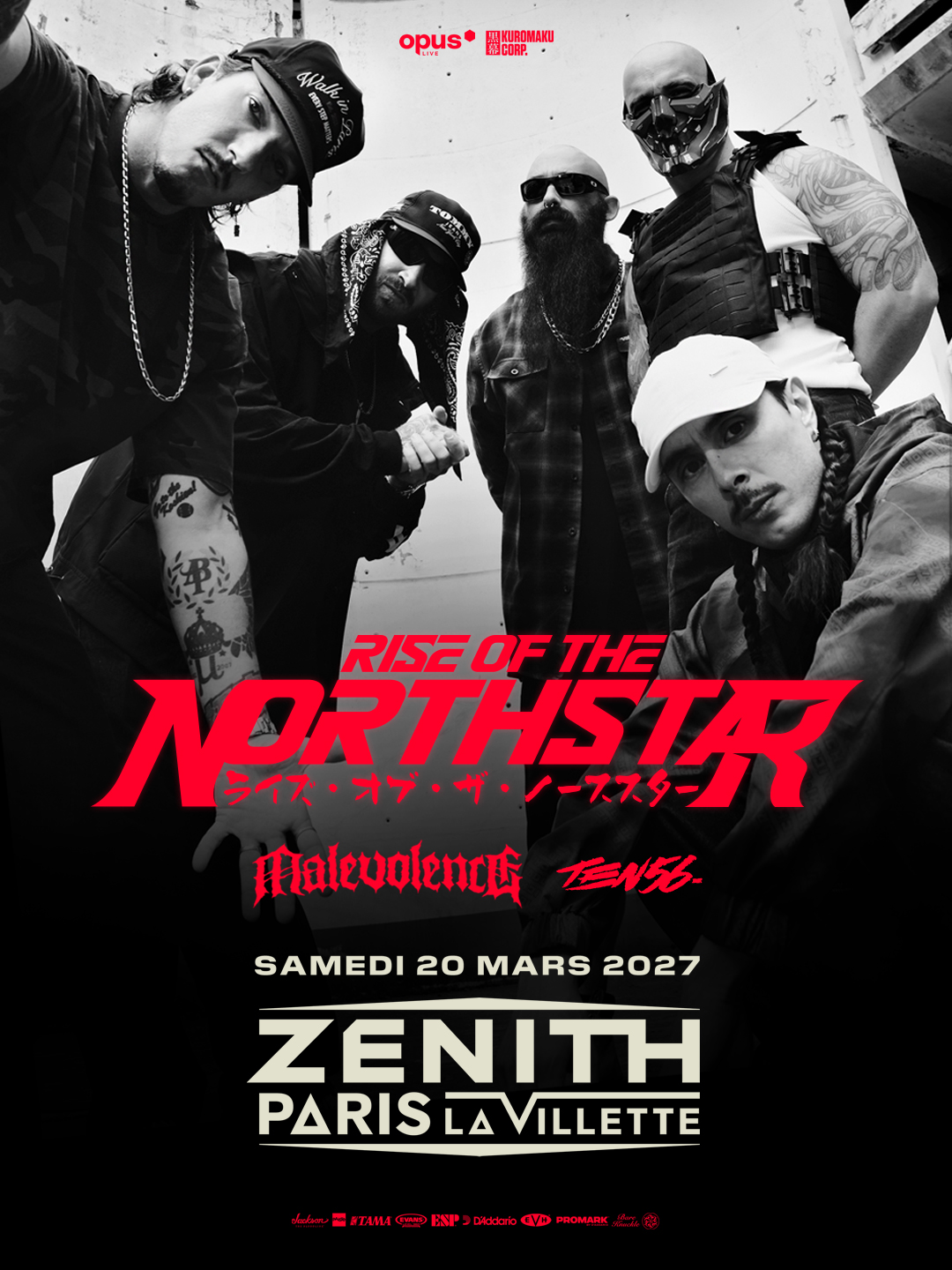 Affiche officielle de Rise Of The Northstar en concert au Zénith Paris - La Villette, avec les membres du groupe en noir et blanc