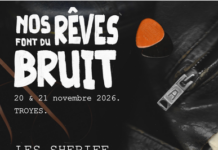 Nos Rêves Font Du Bruit #7 : sept groupes à Troyes en novembre Affiche de Nos Rêves Font Du Bruit #7 listant les sept groupes, les dates et le lieu à Troyes