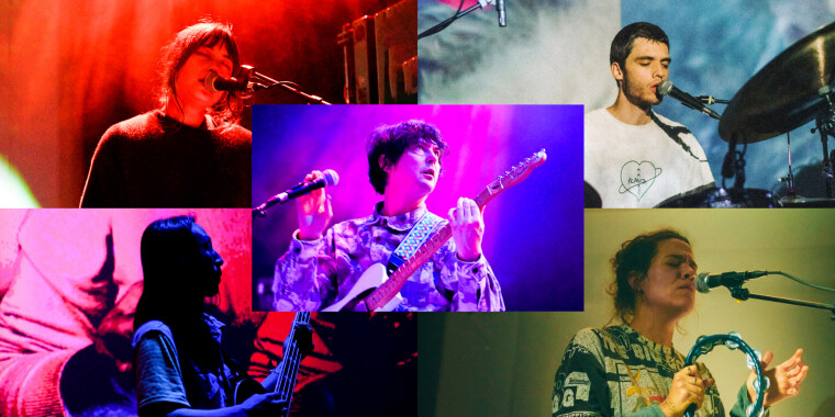 Montage de cinq musiciens du groupe de Panda Bear en concert, sous des éclairages rouges, violets et verts