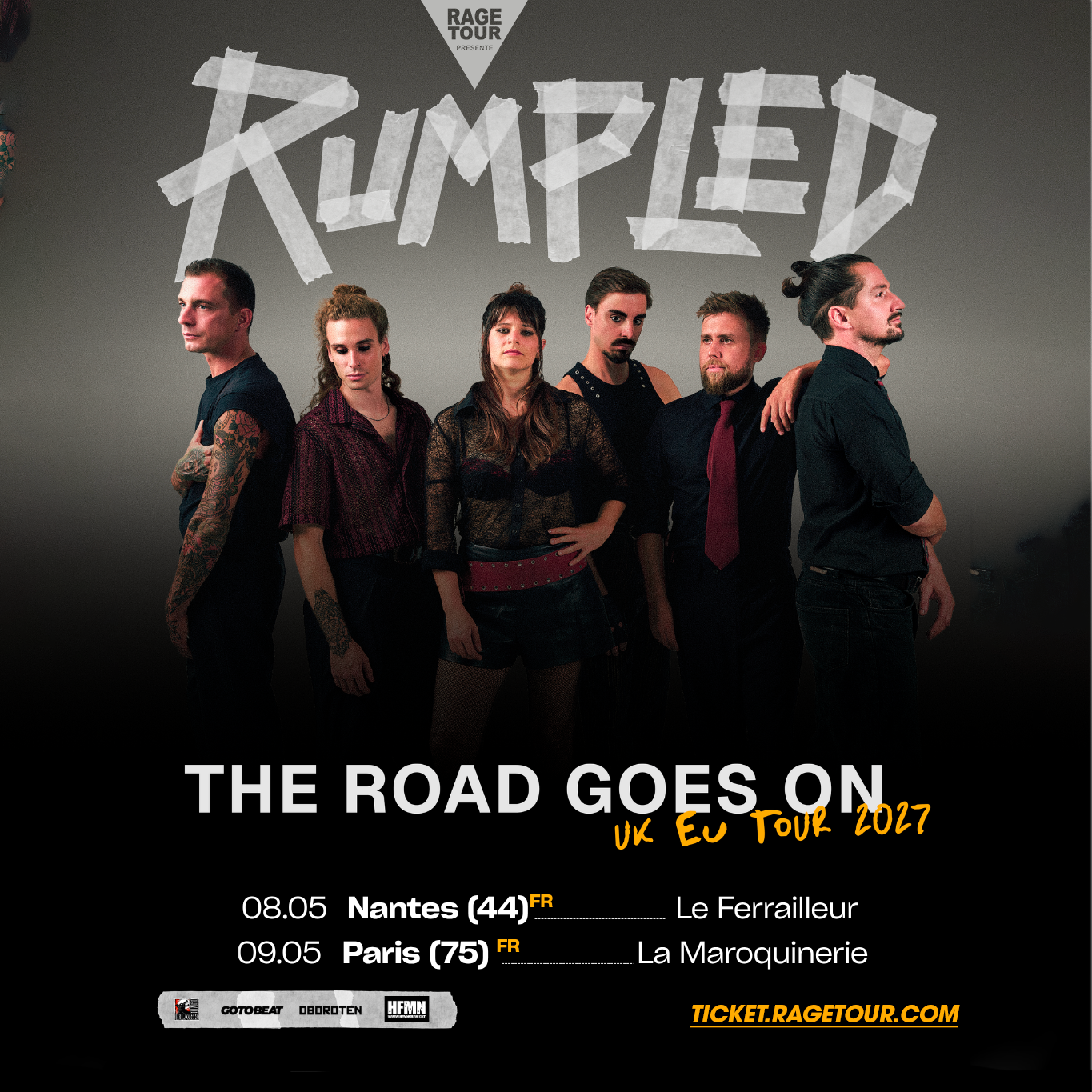 Affiche de The Rumpled pour la tournée The Road Goes On 2027, à Nantes et Paris