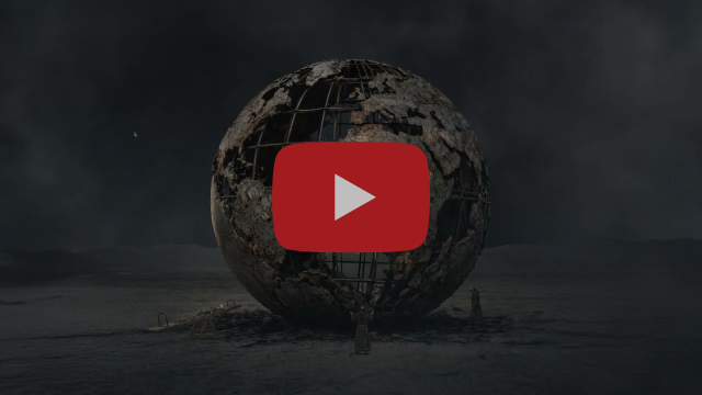 Visuel du visualizer de Merciless Hunger, une sphère métallique et rouillée posée dans un paysage désolé, avec un bouton lecture
