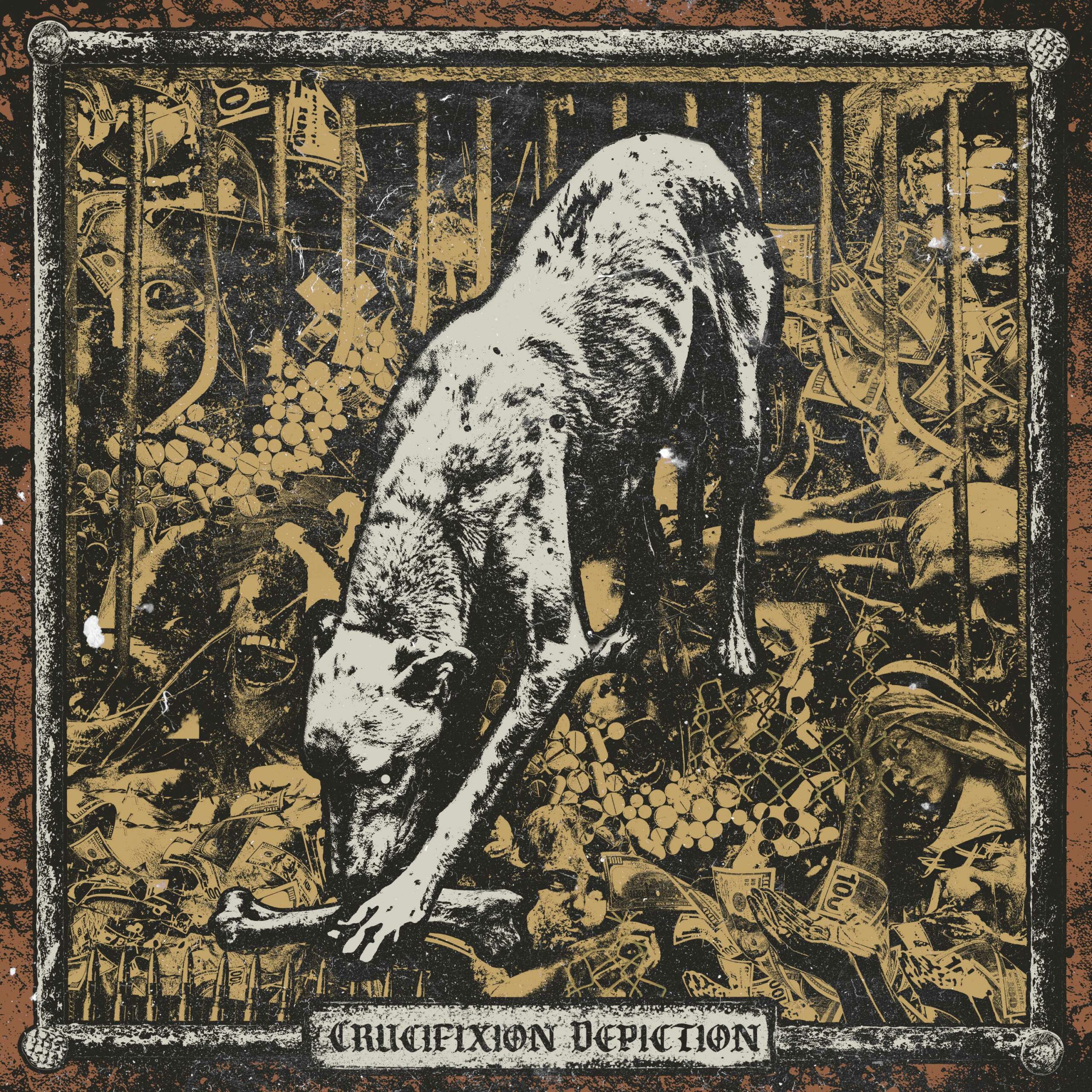 Pochette de l'EP Crucifixion Depiction : un chien errant dans un décor de billets, de pilules et de crânes