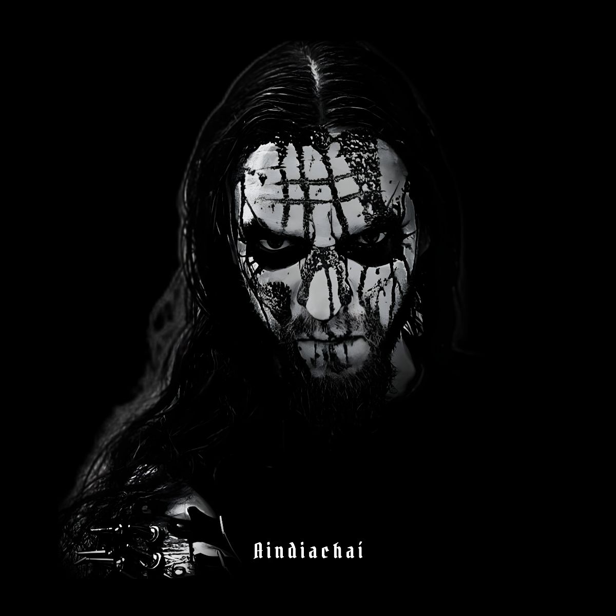 Portrait en noir et blanc d'Aindiachaí au visage maquillé