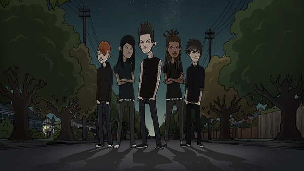 Les cinq membres de Lost Souls Movement posant dans une rue nocturne