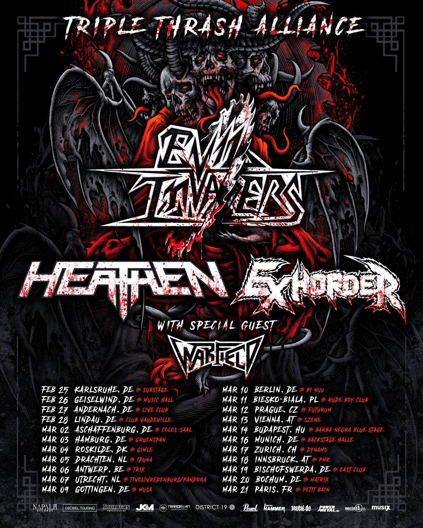 Affiche de la Triple Thrash Alliance Tour avec EVIL INVADERS, Heathen, Exhorder et Warfield