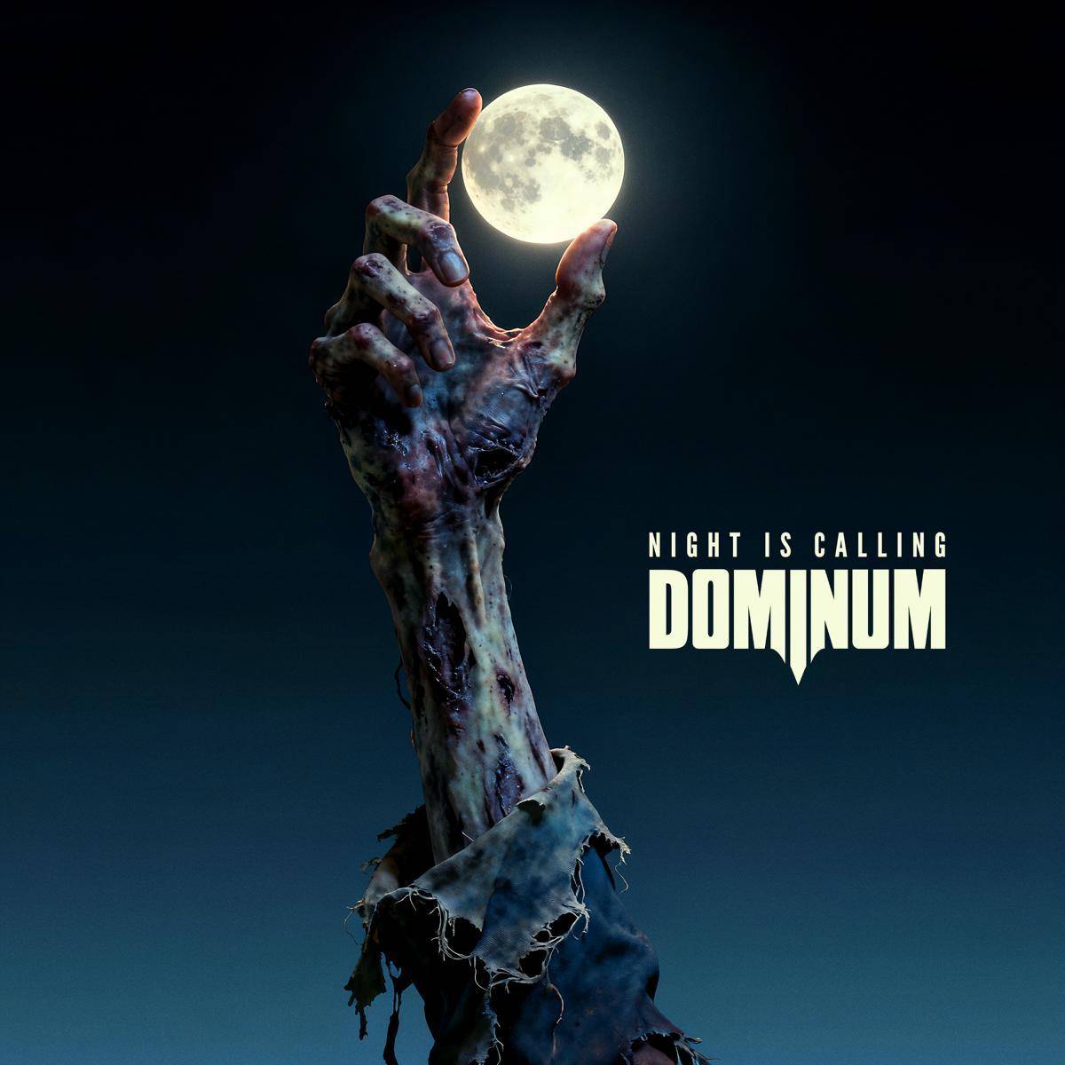 Pochette de l'album Night is Calling de DOMINUM : une main de zombie tendue vers la pleine lune