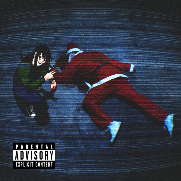 Visuel graphique bleu et rouge représentant deux silhouettes en pleine action, avec le logo Parental Advisory