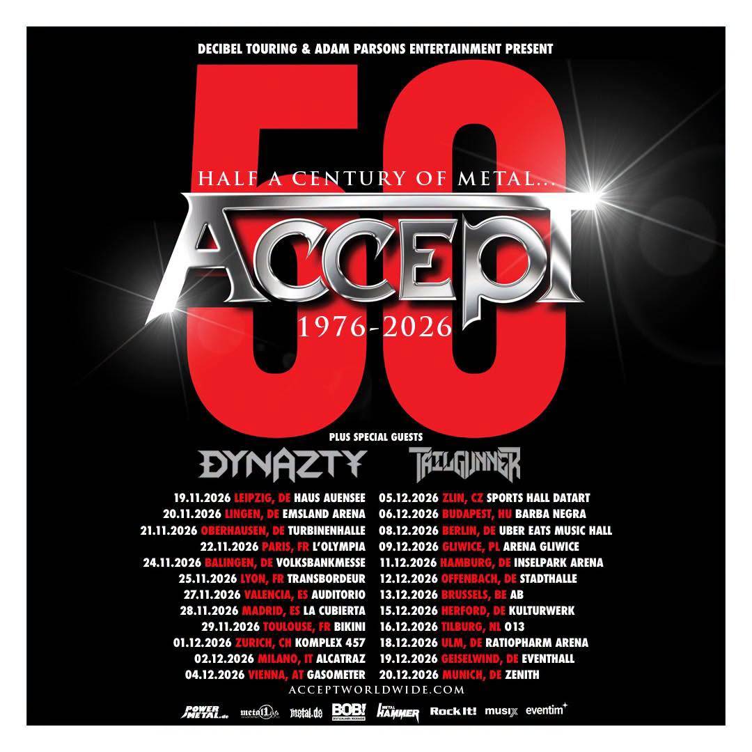 Affiche de la tournée des 50 ans d'Accept avec Dynazty en invité