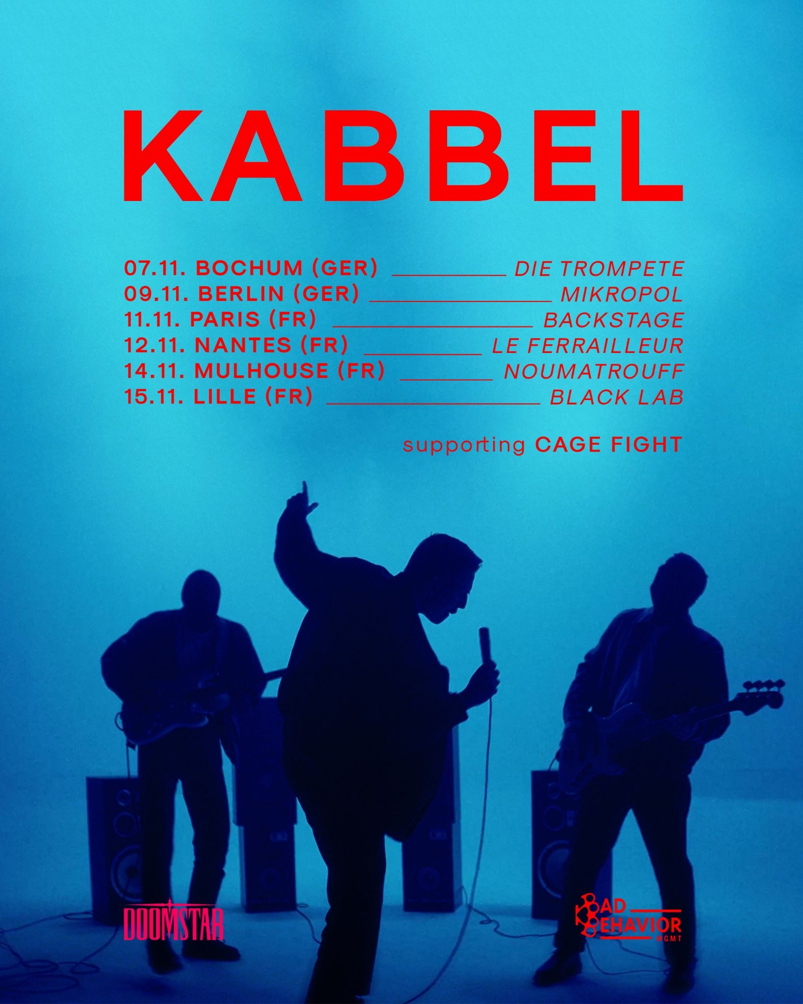 Affiche de la tournée de Kabbel avec les dates de novembre, en première partie de Cage Fight