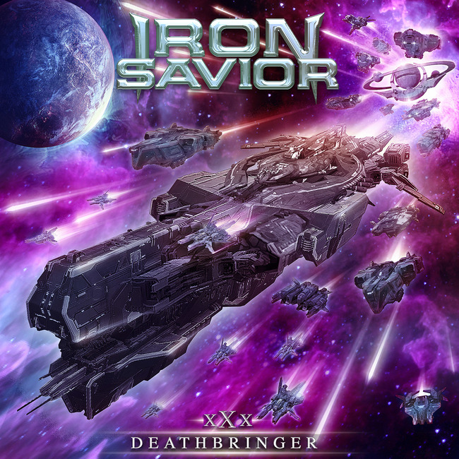 Pochette de l’album Deathbringer d’Iron Savior, représentant un vaisseau spatial imposant dans une nébuleuse violette