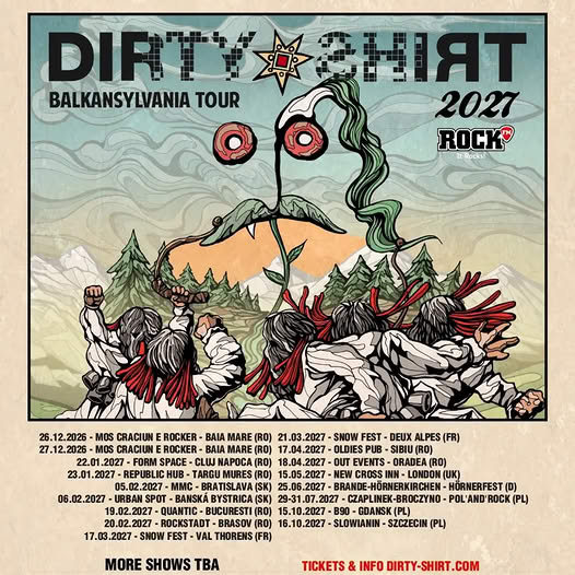 Affiche de la Balkansylvania Tour 2027 de Dirty Shirt, avec la liste des dates