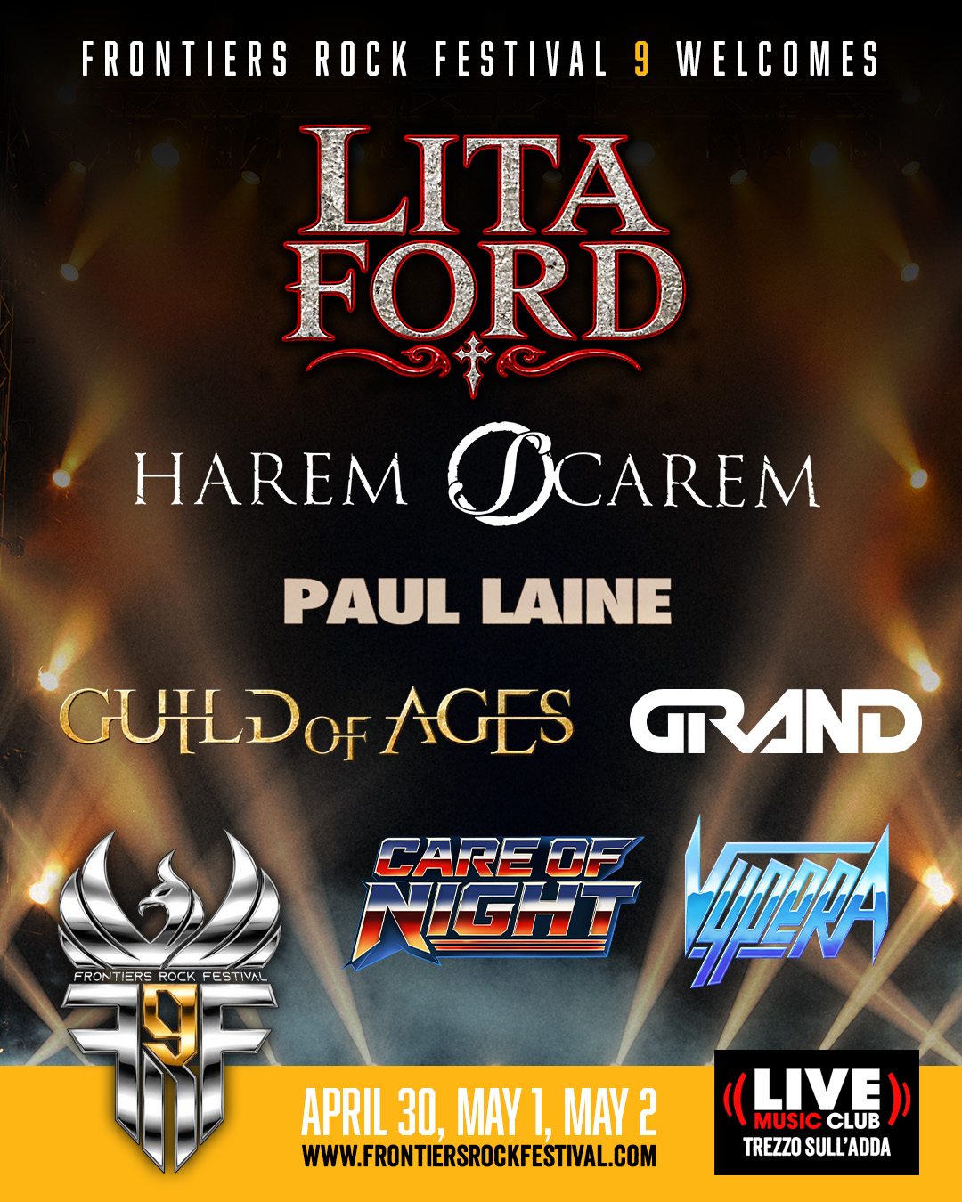 Affiche du Frontiers Rock Festival 9 avec les premiers noms de la programmation : Lita Ford, Harem Scarem, Paul Laine, Guild of Ages, Grand, Care of Night et Vypera
