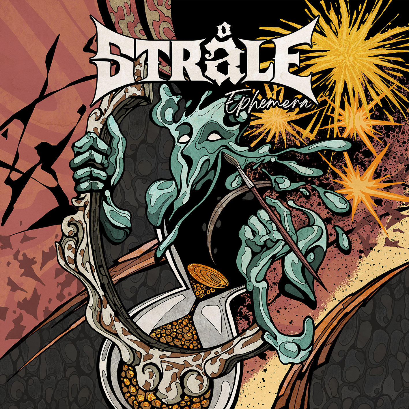 Pochette de l'album « Ephemera » de Stråle, avec un personnage fantomatique tenant un pinceau au-dessus d'un sablier