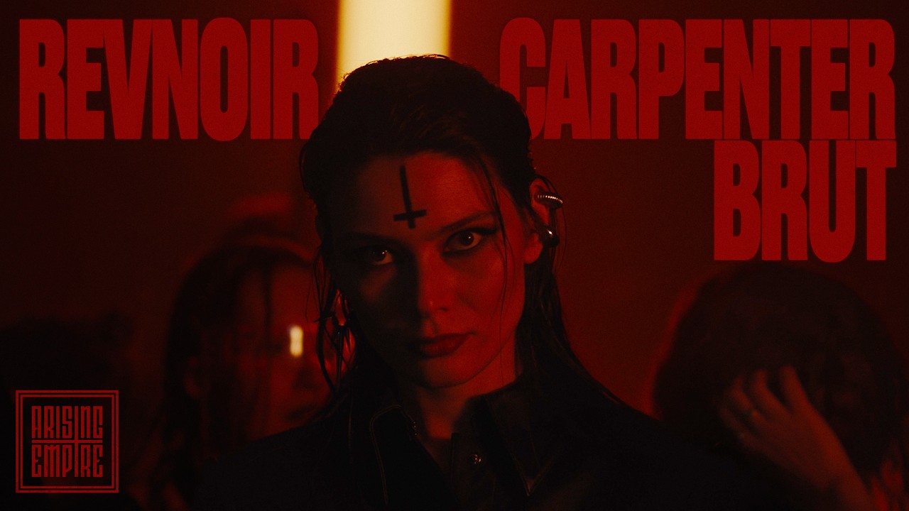 Visuel du titre de Revnoir avec Carpenter Brut, femme au front marqué d'une croix inversée sur fond rouge