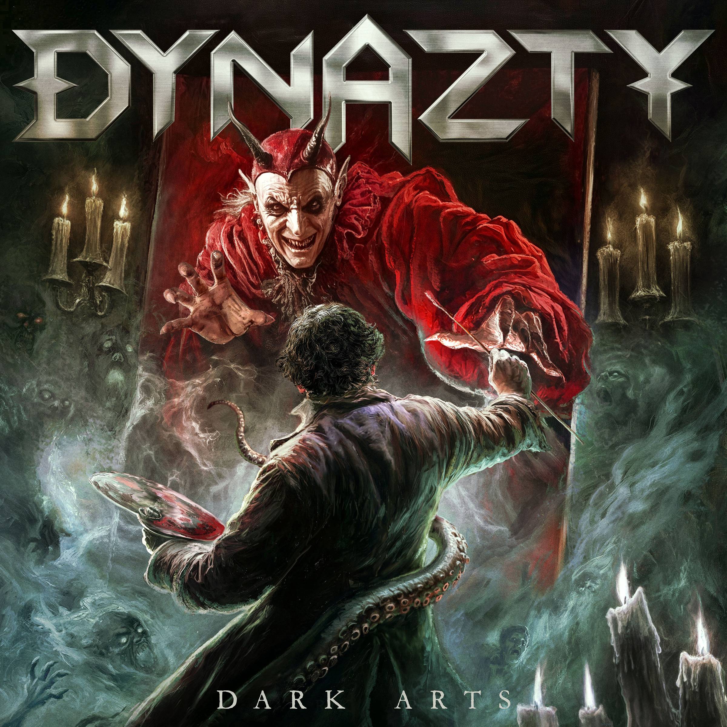 Pochette de l'album Dark Arts de Dynazty, un peintre face à un démon rouge